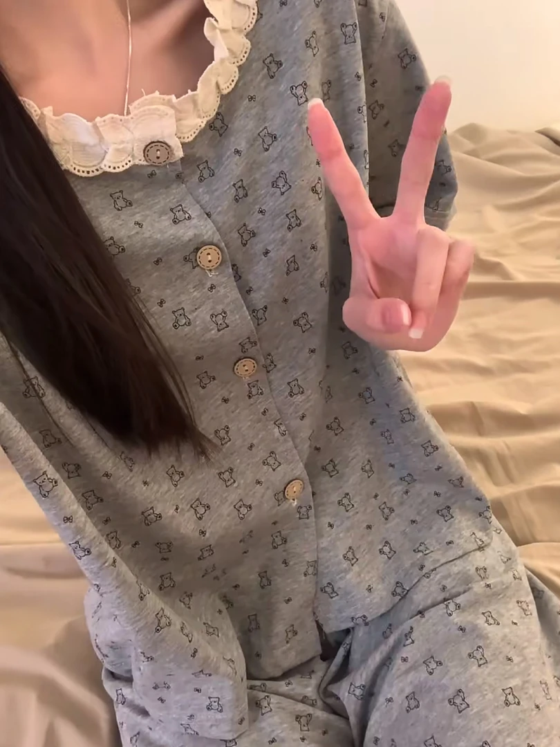 2028夏季女款睡衣可爱蕾丝花边卡通小熊可外穿宽松大码睡衣家居服
