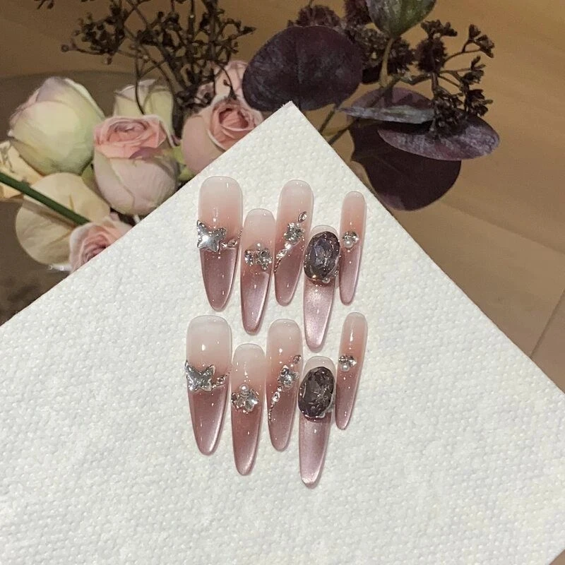 【九紫离火】纯手工美甲穿戴甲片烟熏玫瑰葡萄酒纯欲粉渐变猫眼