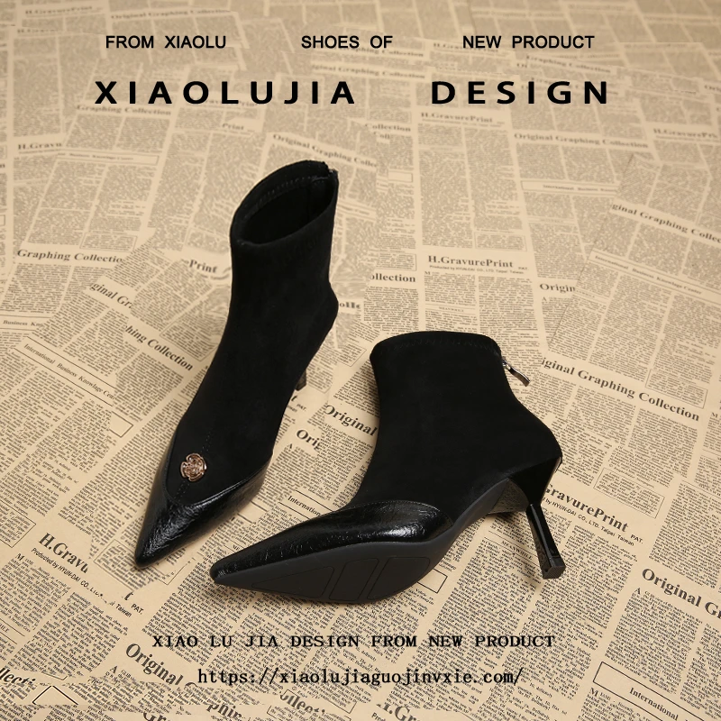 女款秋冬加绒裸靴棕色短靴女新款尖头小香风瘦瘦靴尖头细跟马丁靴