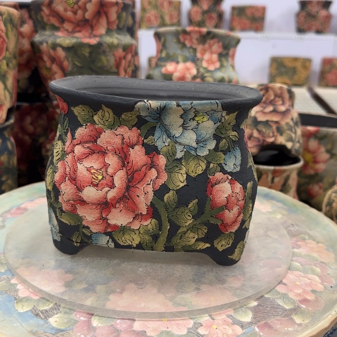 山***栀紫砂花盆精品多肉手绘花盆