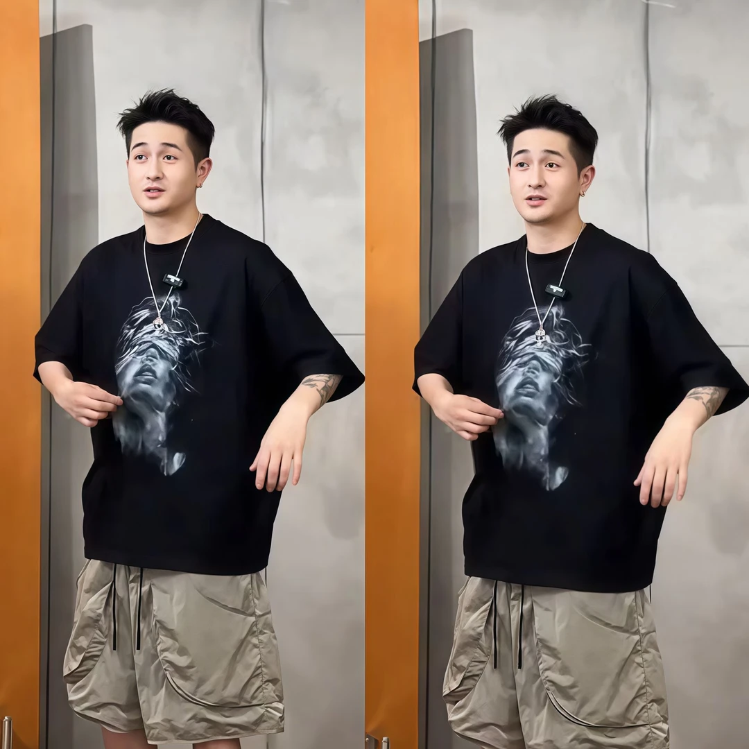 夏季潮牌人像涂鸦蝙蝠袖T恤男时尚字母圆领短袖宽松百搭休闲半袖