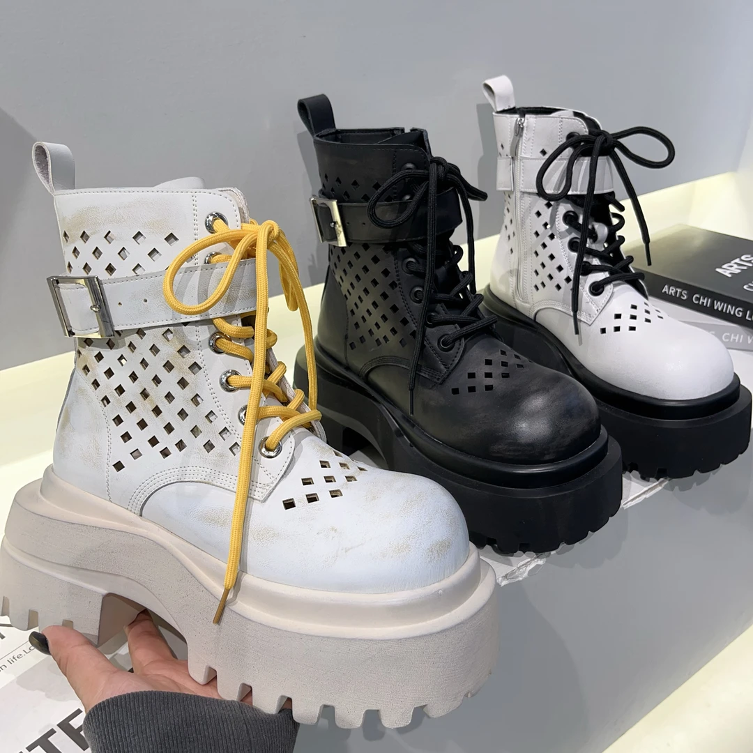 【小涵家】夏季新款欧洲站小众时尚镂空透气厚底【8cm】长短时装靴ins