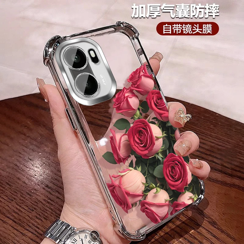 复古玫瑰适用一加ace6手机壳透明全包带镜头膜ACE6四角防摔气囊女