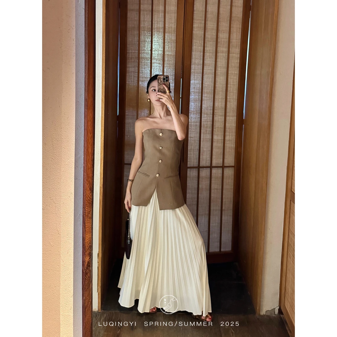 鹭青一原创【垂柳依】法式雪纺立体压褶宽松a字半身裙L25Q2208N