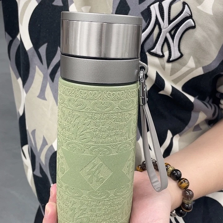 茶杯紫砂豆青砂百福双层车载杯