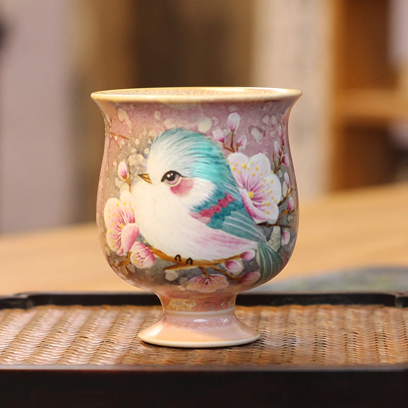 喜鹊手绘釉下彩茶杯主人杯家用品茗杯功夫茶具陶瓷杯花鸟茶道手工