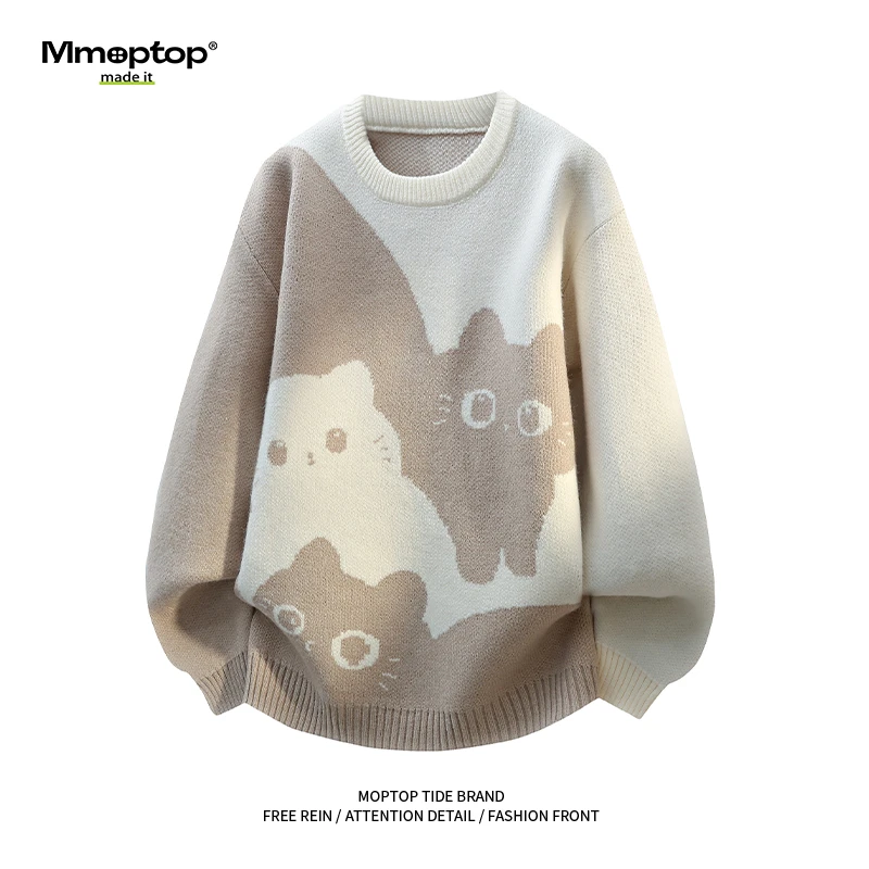 Mmoptop慵懒风猫咪毛衣男秋冬季新款女士百搭宽松圆领保暖针织衫