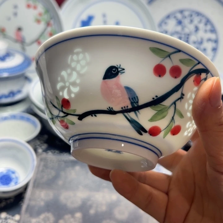 手绘雕刻5寸花鸟小饭碗