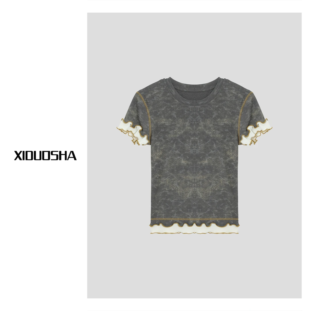 XIDUOSHA/喜朵莎夏款新品圆领扎染洗水花边短袖 XDS1445