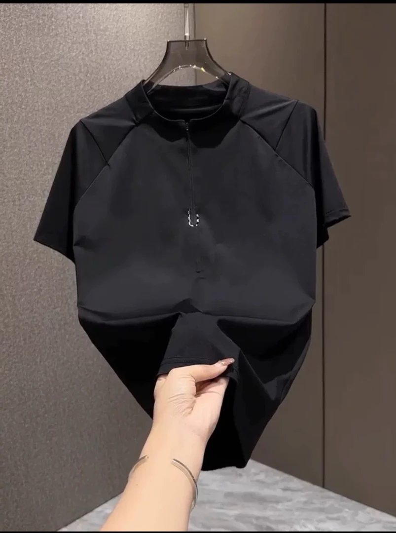 夏季新款潮流百搭轻薄速干冰丝短袖T恤男时尚半拉链弹力透气上衣