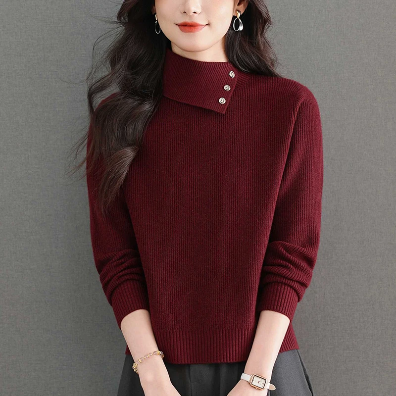 秋装2025新款大码红色毛衣女宽松遮肉显瘦洋气秋冬翻领针织打底衫
