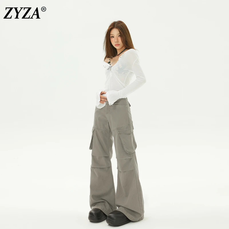 ZYZA驼色工装裤女2025新款秋季高腰阔腿微喇叭复古辣妹百搭牛仔裤