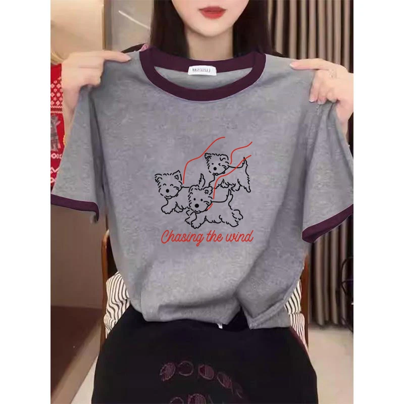 2025夏季上新彩色领口拼色简约短袖t恤女正肩显瘦小众不撞款上衣