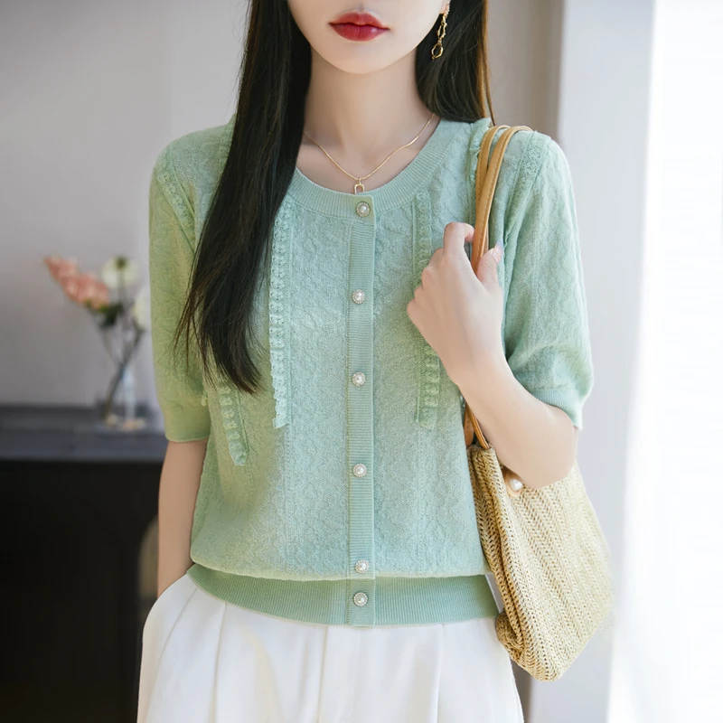 高端轻奢桑蚕丝显瘦针织T恤甄选精纺羊毛夏季薄款短袖 时尚半袖女