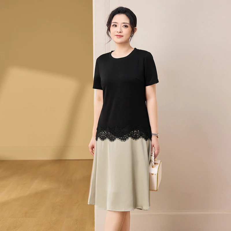 21685大码女装2025夏季时尚拼接休闲减龄显瘦舒适圆领短袖连衣裙