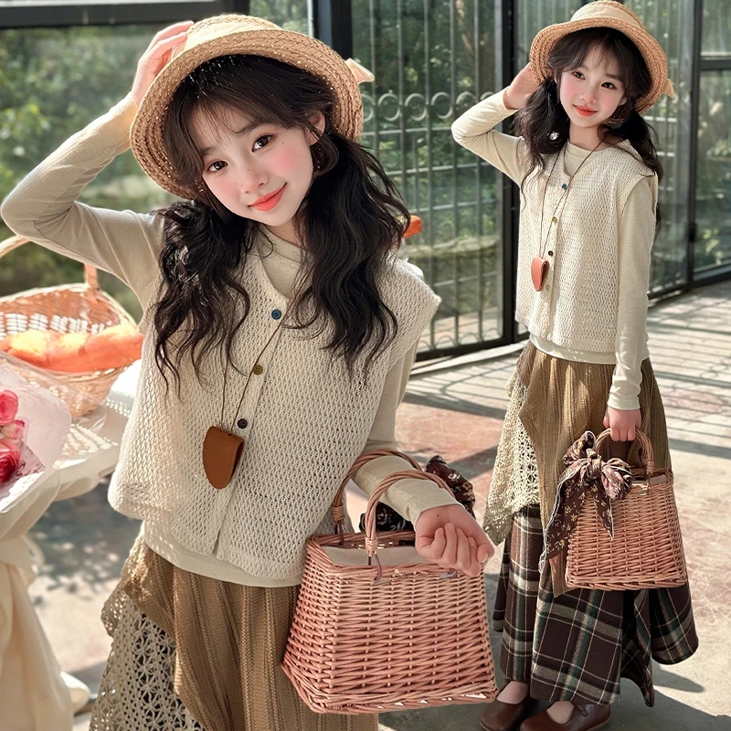 女童2025新款马甲打底衫套装儿童春秋韩版设计感拼接半身裙三件套