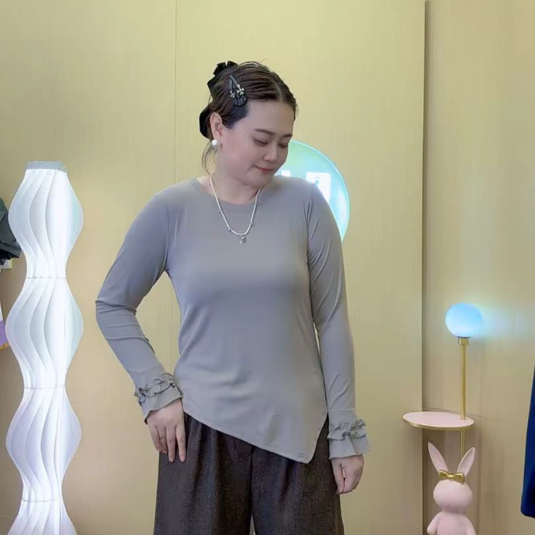 木耳边圆领长袖T恤字母秋季INS风修身显瘦百搭打底衫上衣大码女装