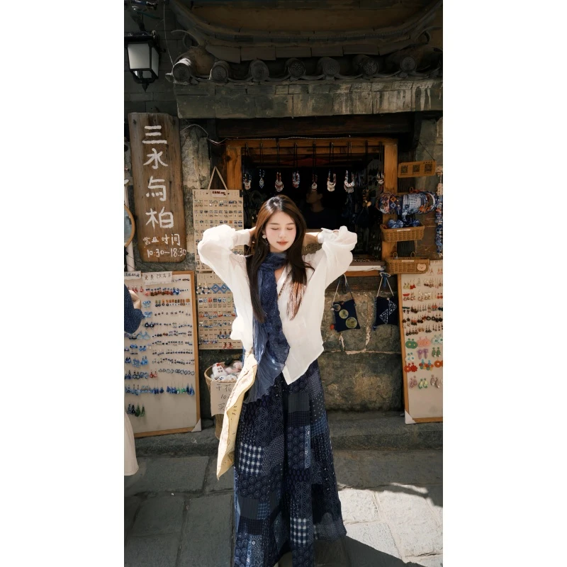 parkyeon日系休闲宽松显瘦防晒罩衫上衣女小众印花半身裙两件套