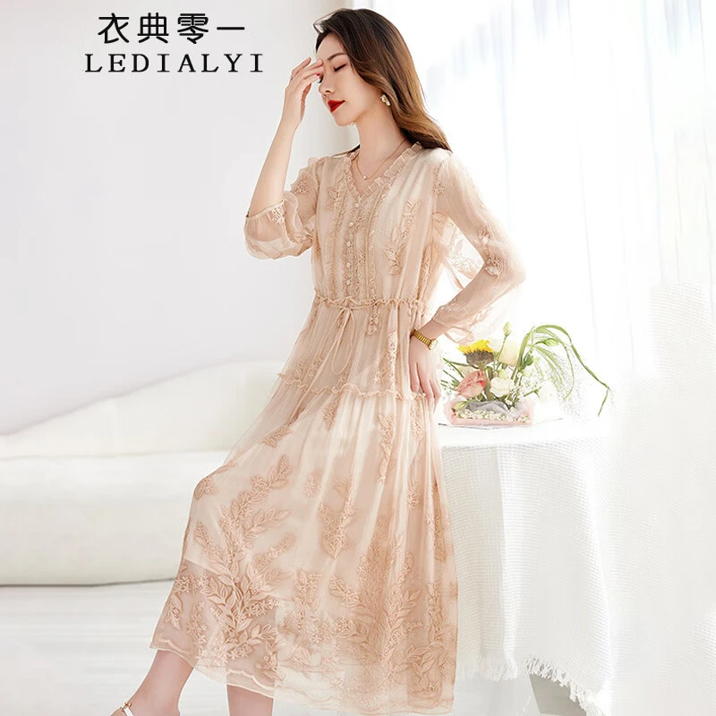 杭州品牌真丝连衣裙女2025夏季新款时尚气质高端刺绣桑蚕丝长裙