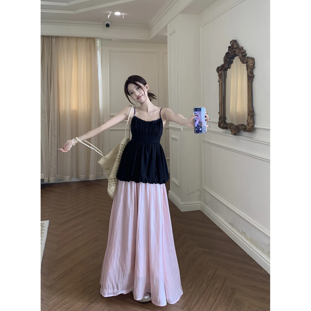 1972蕾丝边吊带背心女春季显瘦花苞上衣波光粼粼长款半身裙两件套