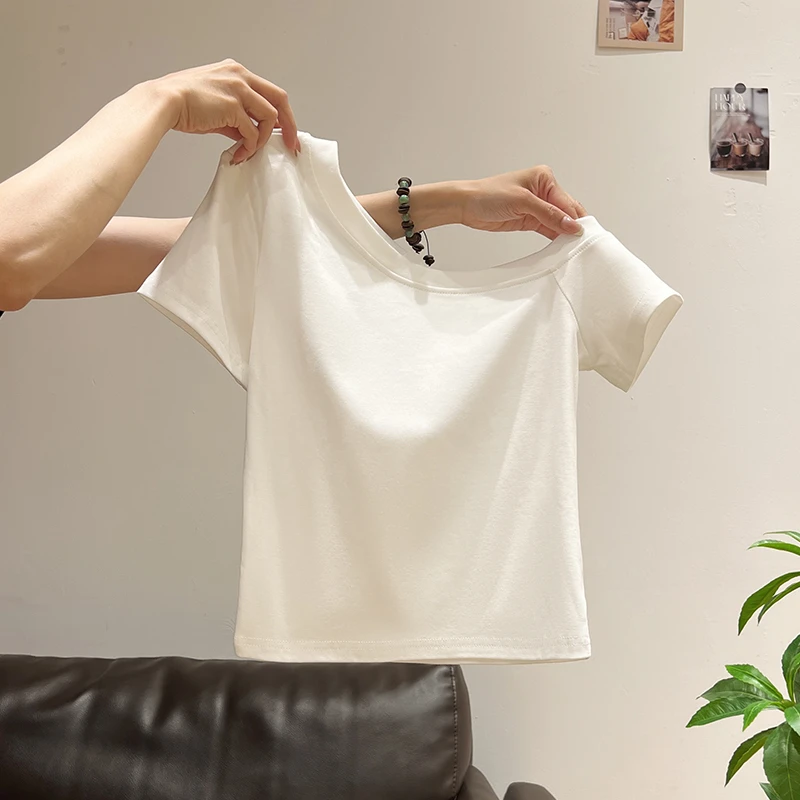美式辣妹露肩斜肩短袖T恤女夏季2025年新款绝美修身显瘦气质上衣