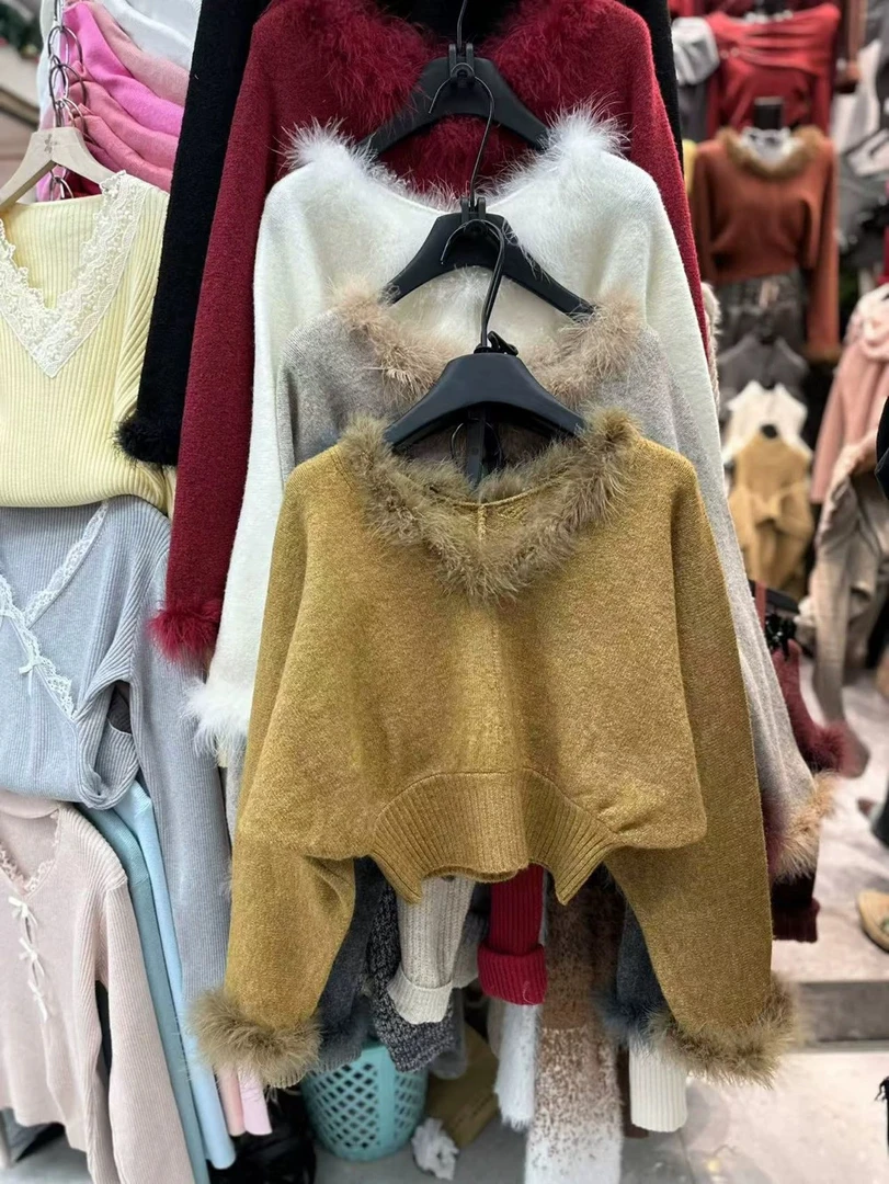 毛衣毛绒长袖针织衫女2025冬季新款v领套头时尚减龄设计感上衣潮