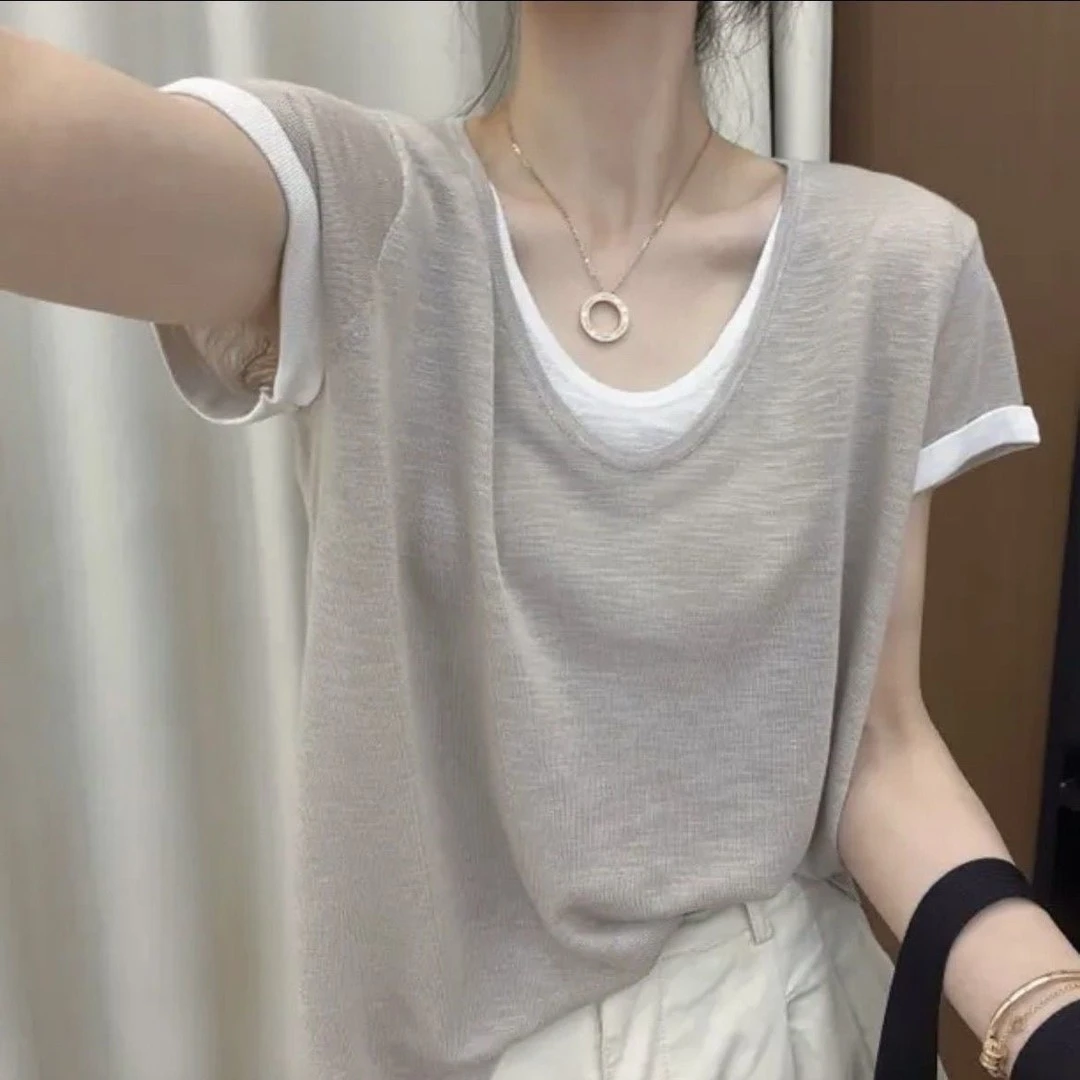 冰感透气棉T夏季薄款假两件v领T恤宽松上衣显瘦百搭洋气衣服女ins