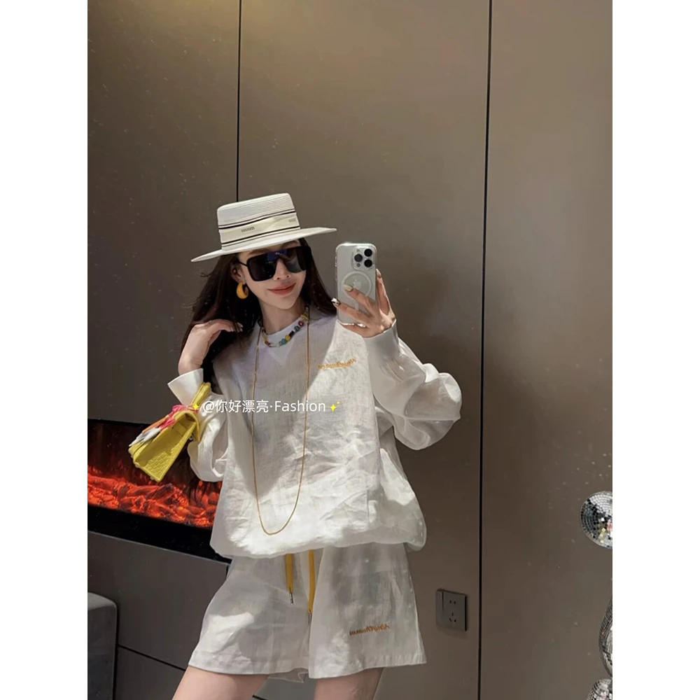 欧洲站慵懒松弛感时尚套装女2025夏季新款防晒长袖T恤短裤两件套