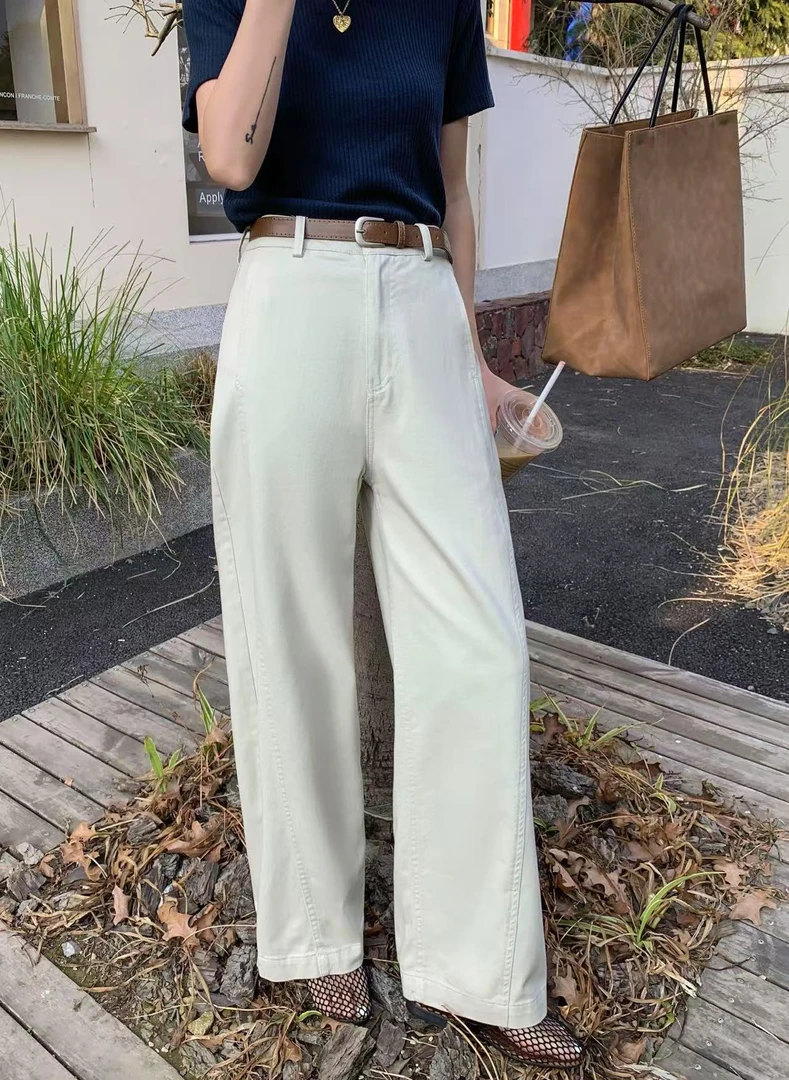 【手纺车工厂】25016日系拼接设计直筒裤女夏季薄款遮肉显瘦阔腿裤