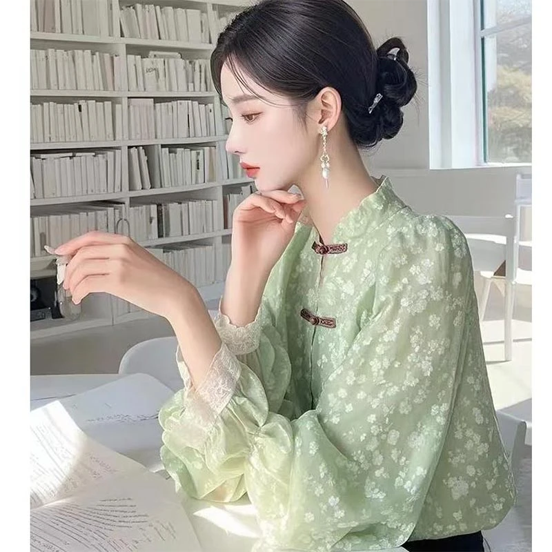 绿色新中式雪纺衬衫女2025春季新款超好看独特漂亮设计感小众上衣