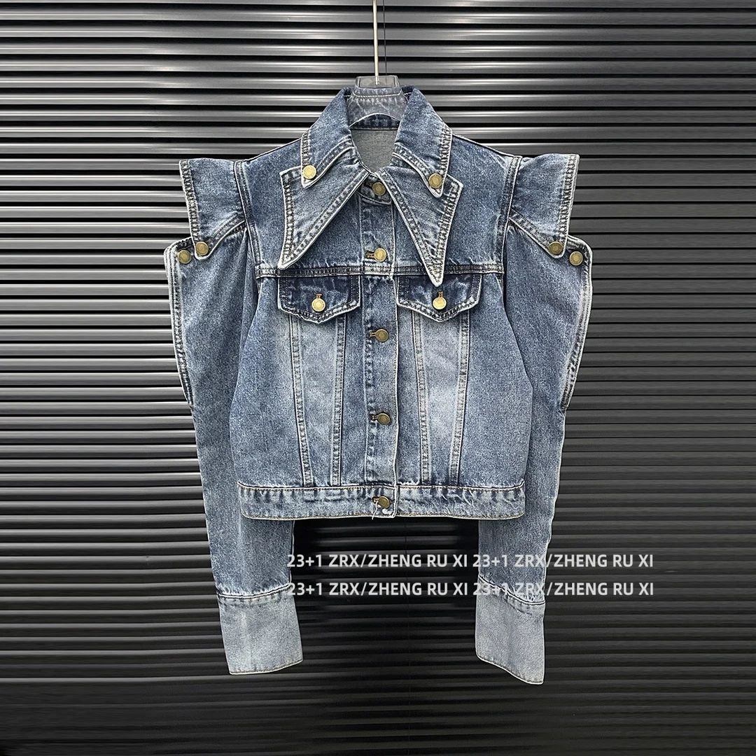 付新博女装镂空飞飞袖牛仔外套女小众设计感短款夹克上衣14926