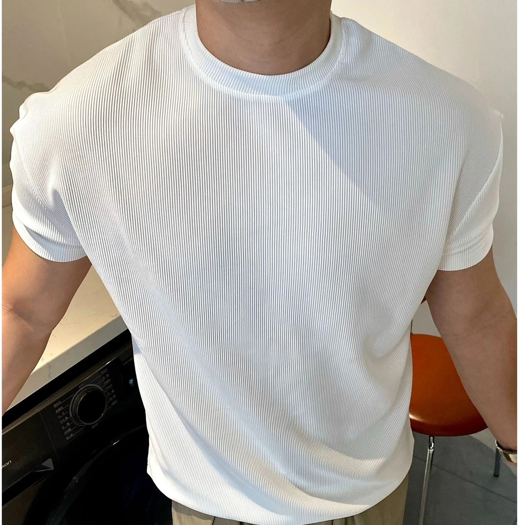 喜一夏季260克肌理纹高级感垫肩收袖显大抗皱健身运动短T圆领