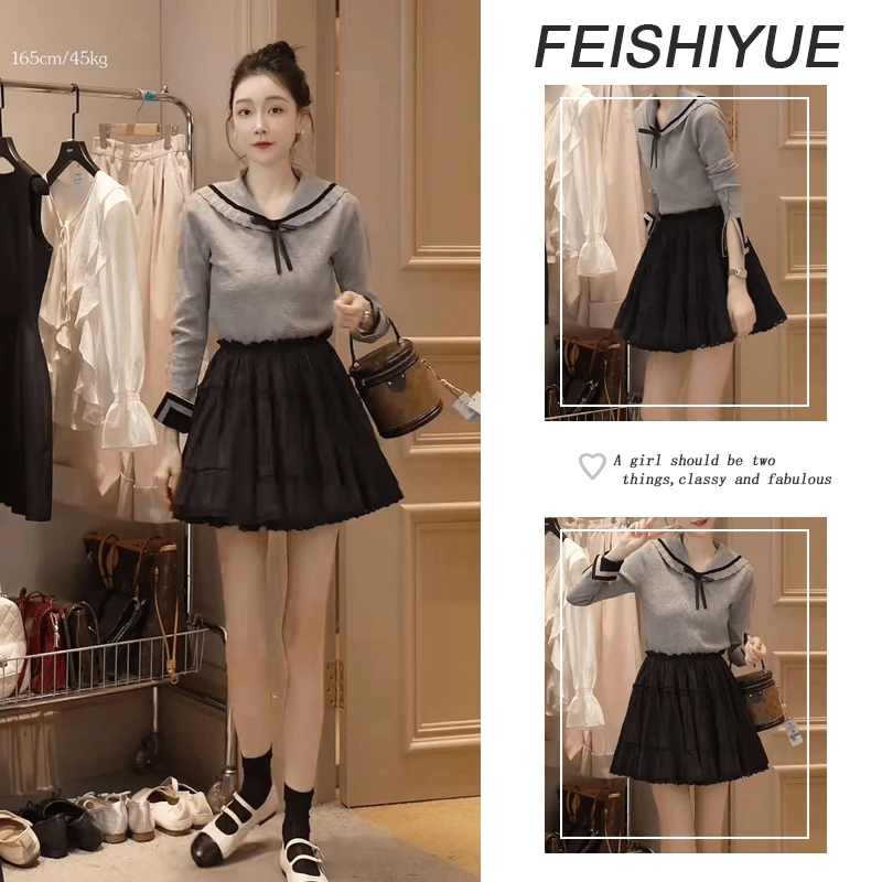 韩系氛围感穿搭2025早秋新款娃娃领上衣甜美百褶短裙两件套