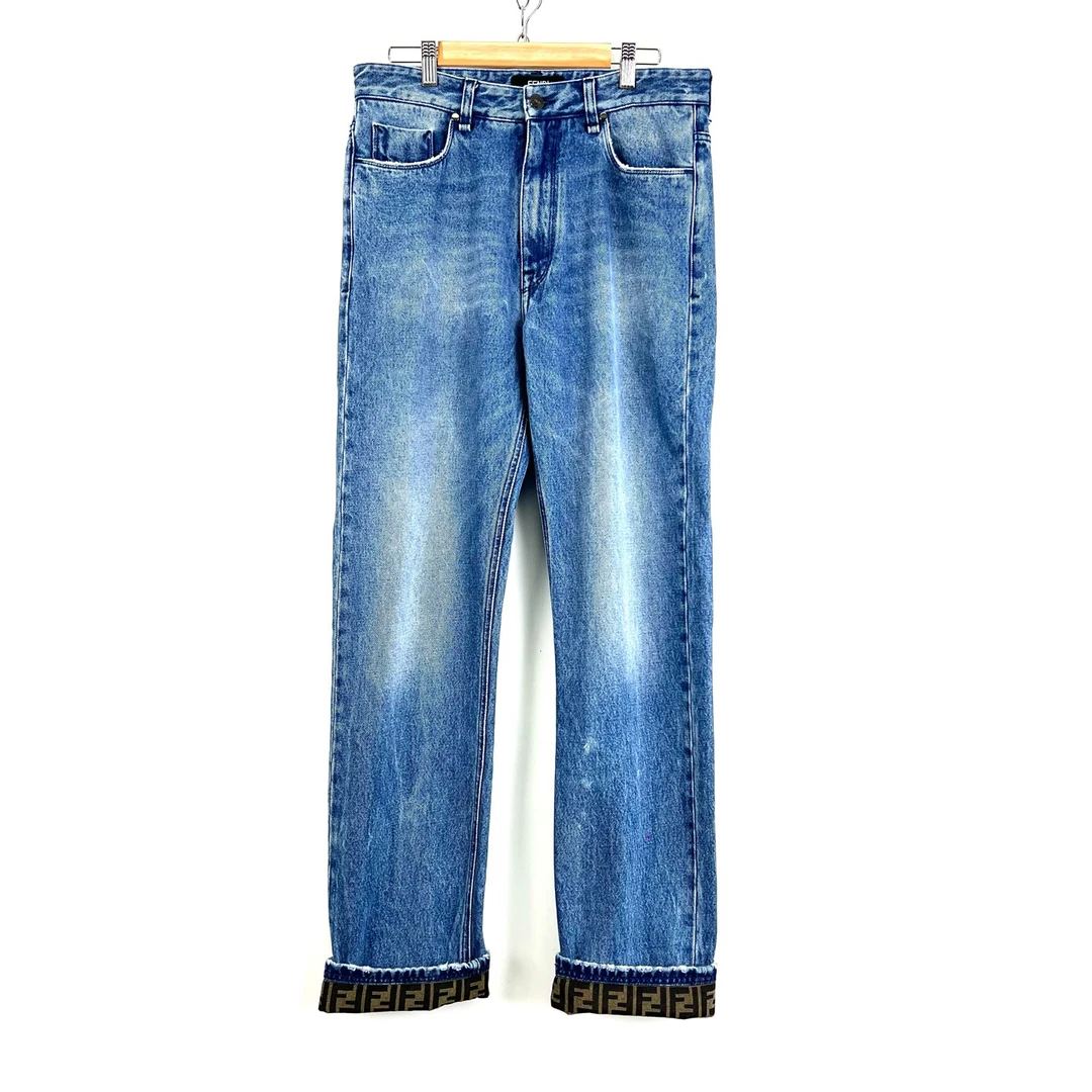 99新 FENDI/芬迪 32码/蓝色水洗宽松直牛仔裤/07683