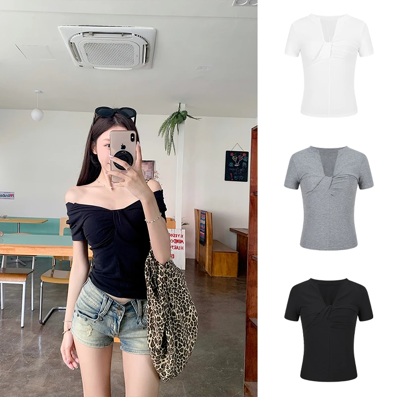 Moses Queen/魔西女王设计感扭结V领正肩短袖T恤显瘦一字肩上衣