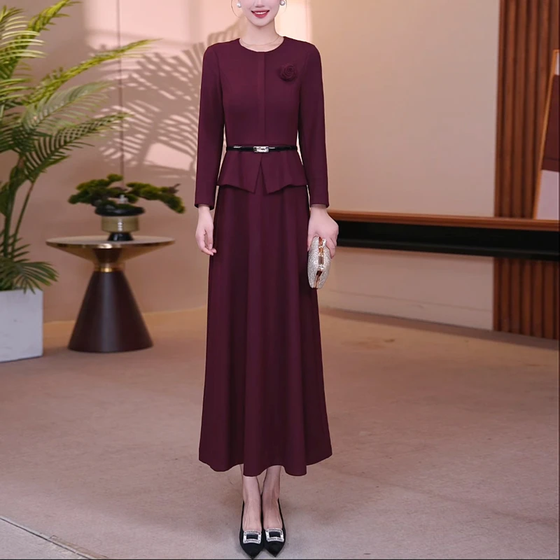 酒红色假两件大摆连衣裙2025秋季时尚修身收腰显瘦气质长裙25126