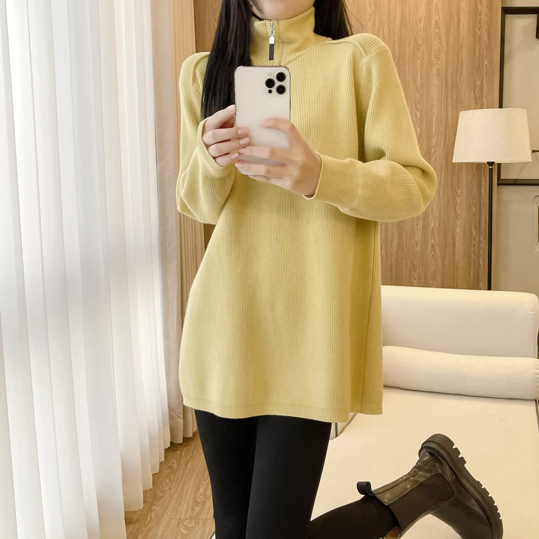 秋冬装新款半拉链高领毛衣女宽松中长款遮屁股内搭针织上衣打底衫