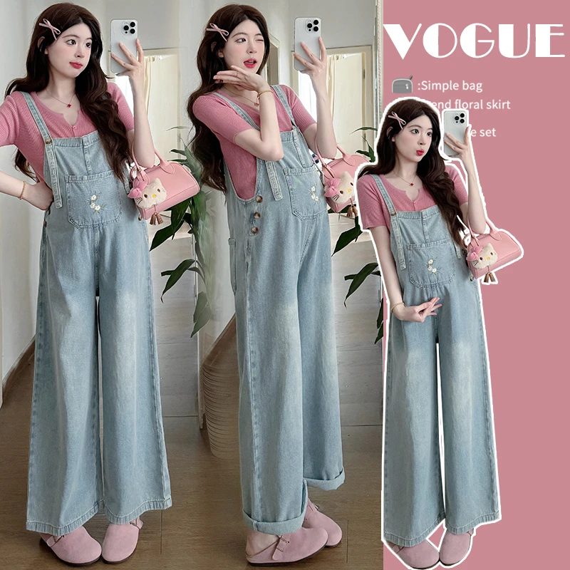 2025年孕妇刺绣背带裤2025夏季时尚洋气牛仔阔腿裤休闲减龄套装