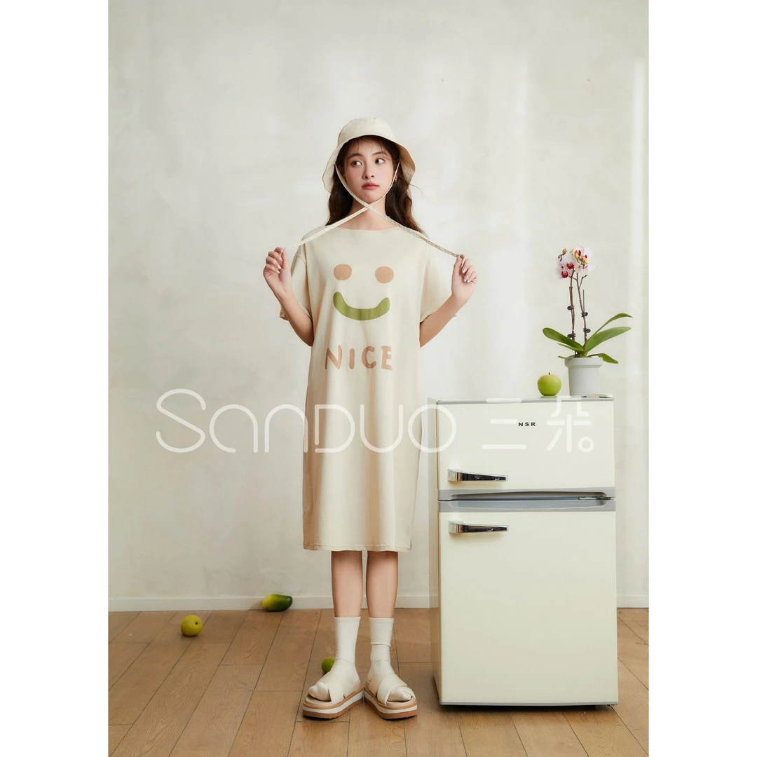 木禾家-春夏女士宽松长款大笑脸睡裙居家服舒适柔软家居服 857