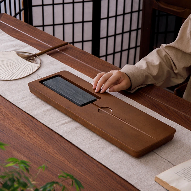 重竹茶盘禅意乌金石小型家用整块茶台简易茶海排水功夫茶具套装