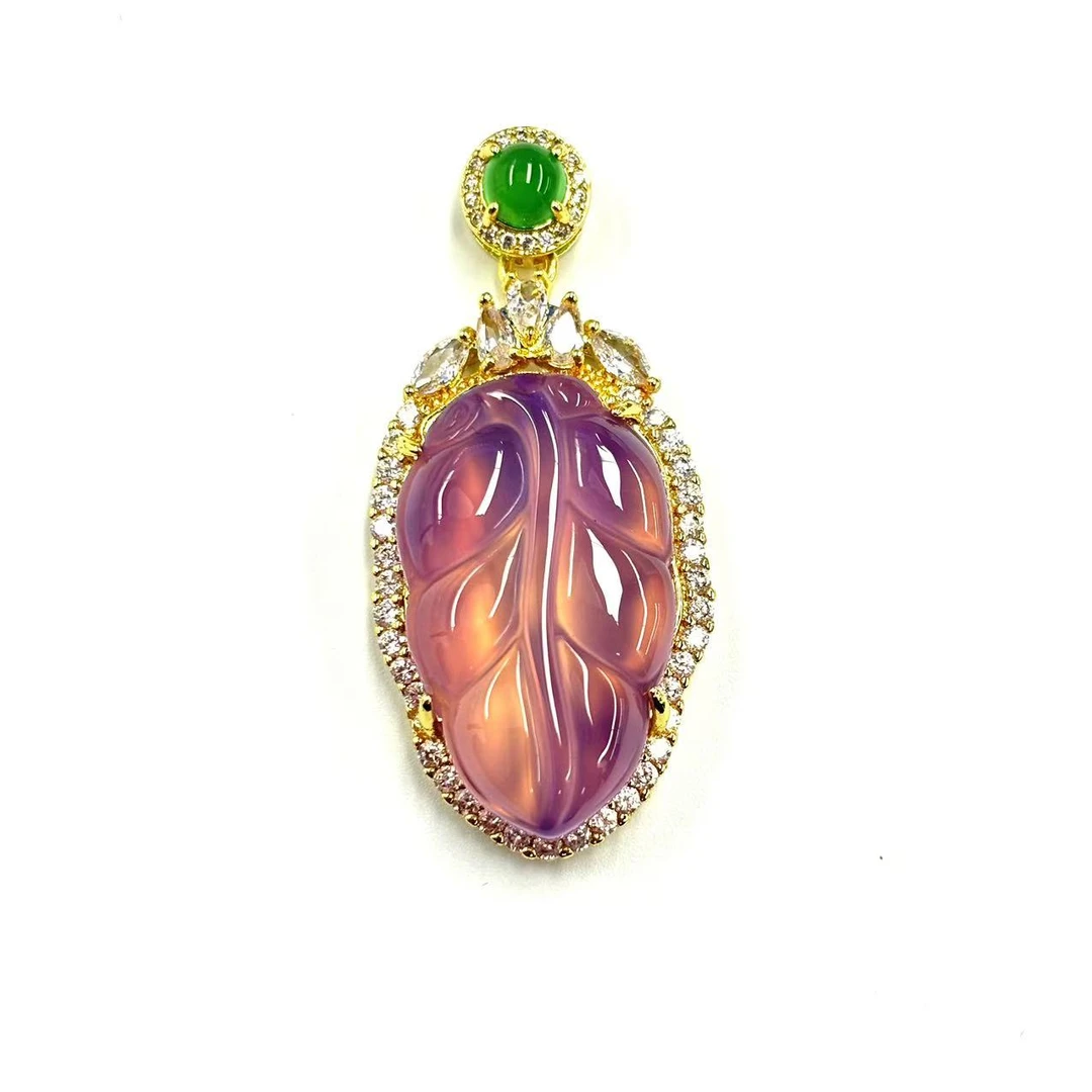 【符老板w】y2531-设计款紫罗兰冰魄玛瑙叶子吊坠-赠礼盒-赠链