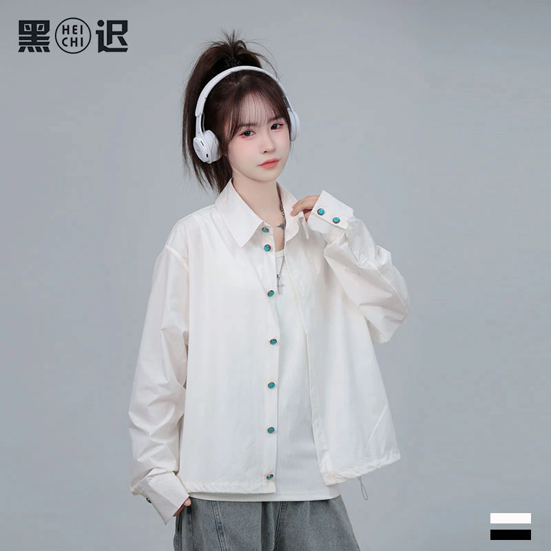 原创下摆抽绳长袖绿松石衬衫男女高级感衬衣夏季休闲百搭外套