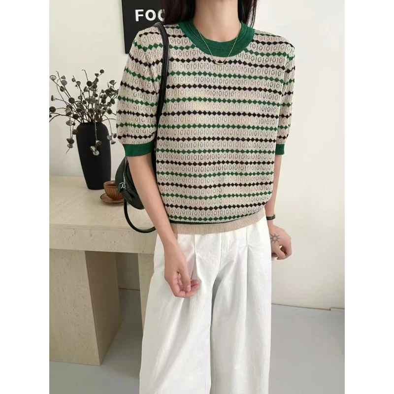 百搭高端 优雅纯净~莱赛尔天丝绿边镂空套头T恤衫