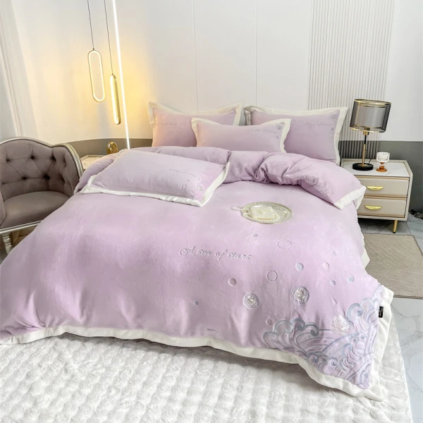 高克重牛奶绒刺绣四件套-星辰大海系列-紫