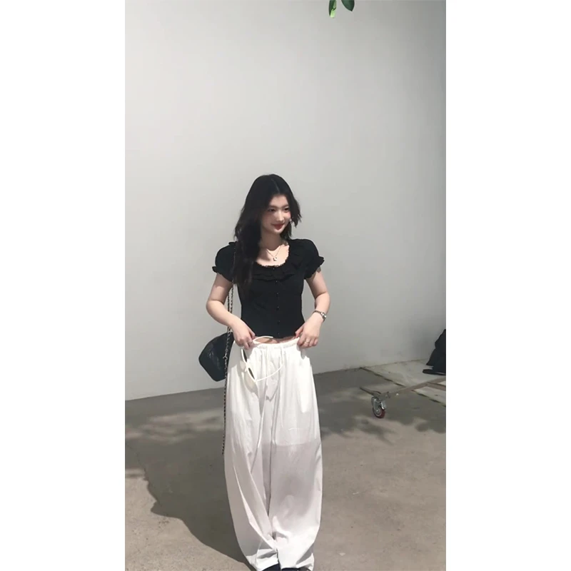 时尚气质设计感泡泡袖精致上衣夏季新款百搭显瘦抽绳直筒休闲长裤