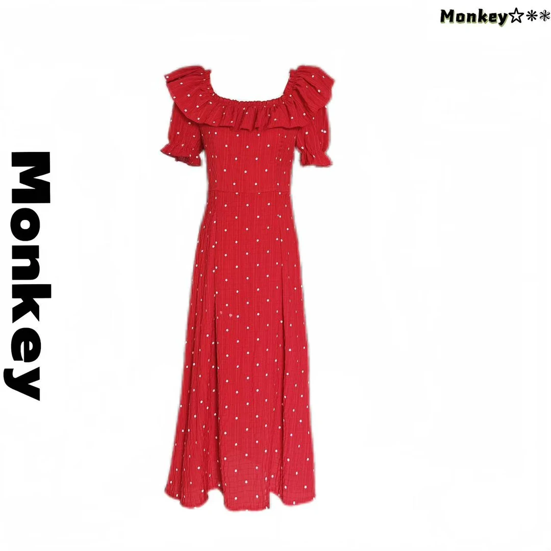小飞袖法式波点红色连衣裙夏季新款海边度假显瘦收腰长裙高腰显白