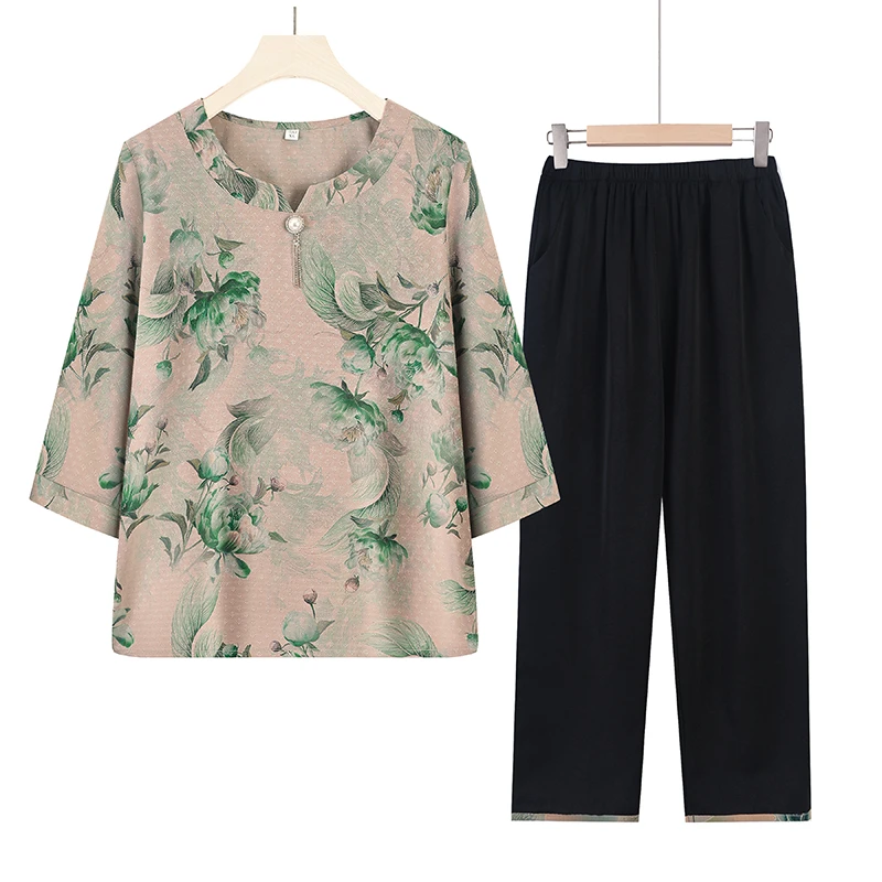 F252 妈妈装夏款中袖洋气套装中老年宽松上衣松紧腰裤子奶奶套装