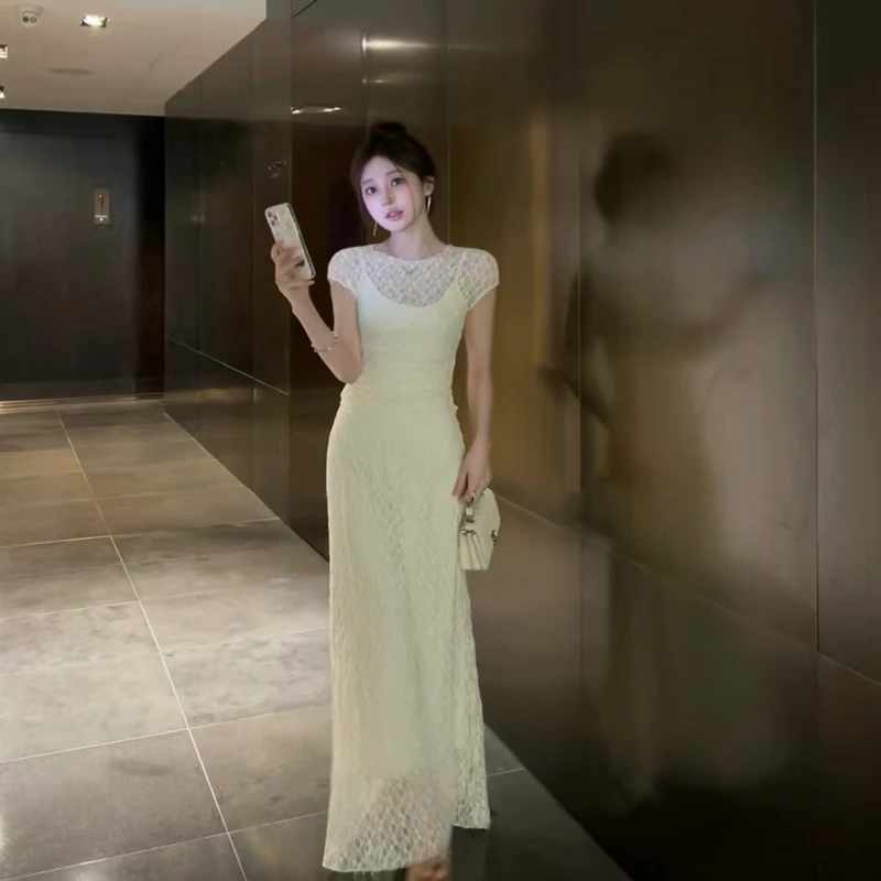 2025年春夏时尚新款法式优雅网纱蕾丝连衣裙牛奶丝吊带裙两件套女