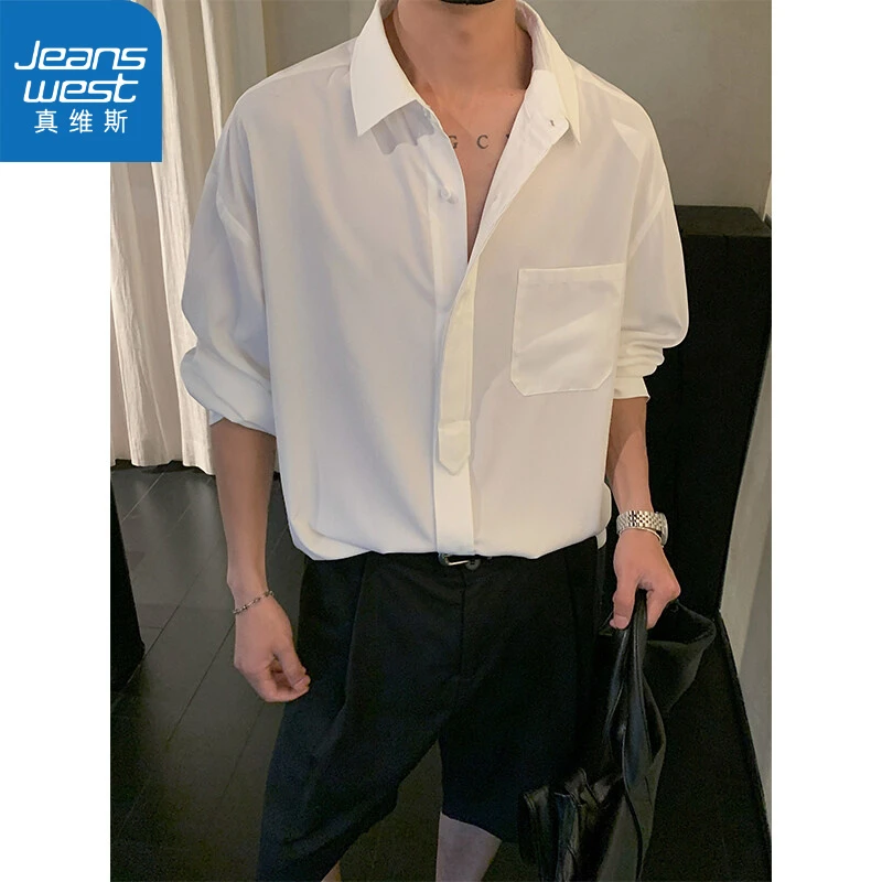 真维斯假领带垂冰感长袖衬衣男2025春夏季设计休闲衬衫韩版男衬衫
