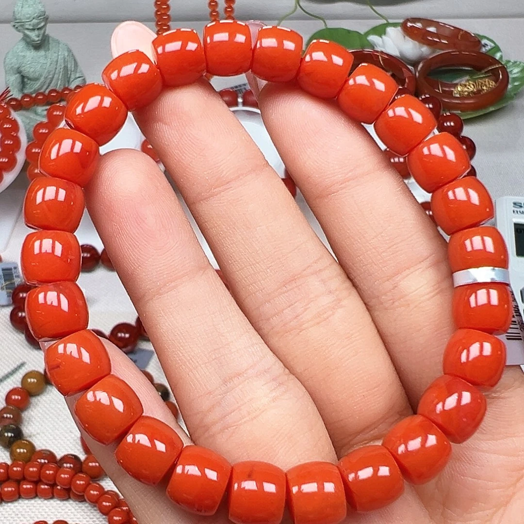 南红玛瑙未镶嵌手串精品 保山满肉柿子红直切卡8+